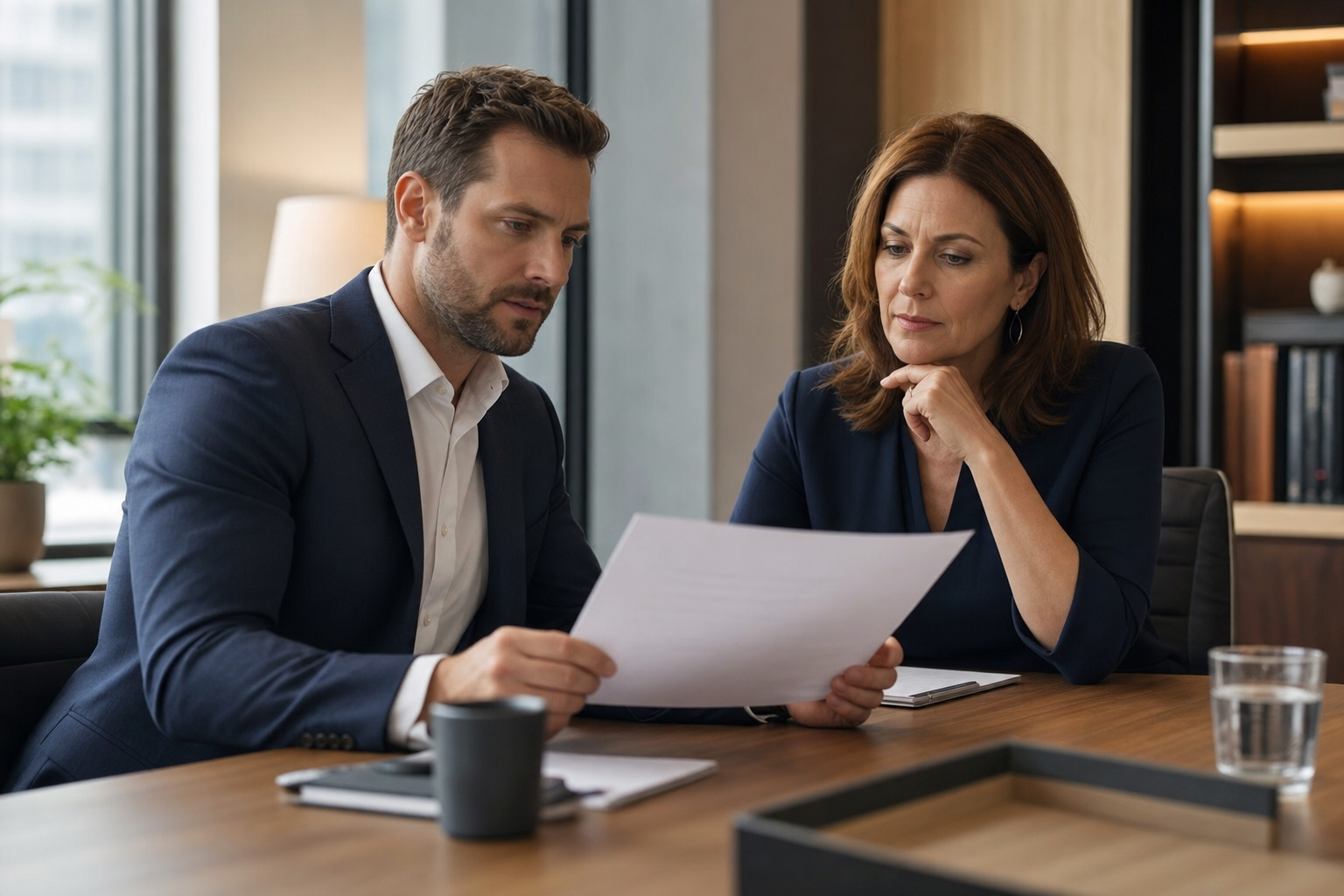 A hiring manager and HR director reviewing a candidate profile together at a conference table